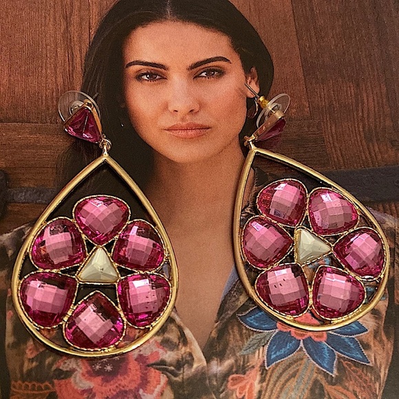 Burlington Jewelry - Flirty Pink & Gold Rhinestones Statement Lightweight Drop Earrings.